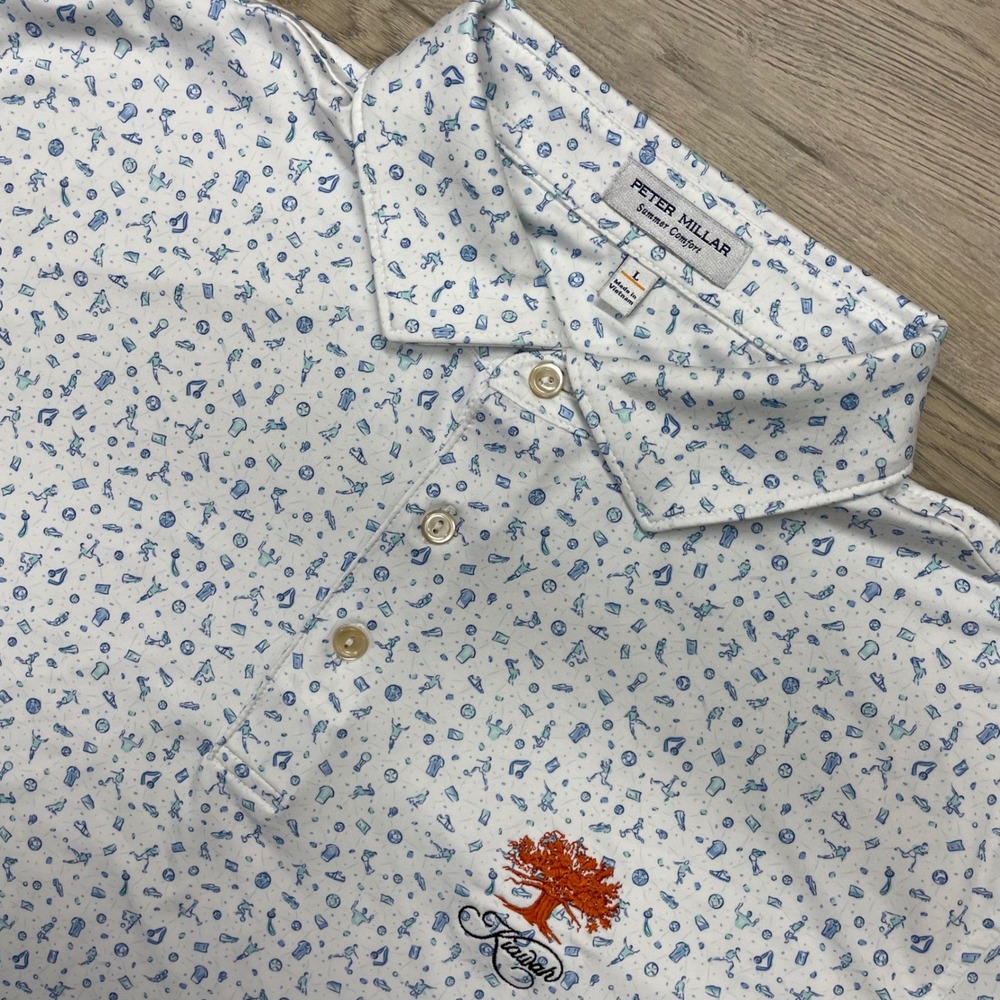 Peter Millar Polo Mens L White Kiawah Soccer Print Summer Comfort MS26EK36S AOP